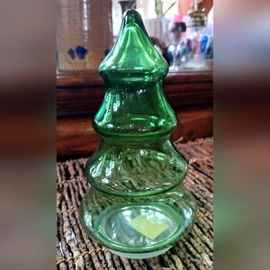Green Glass Christmas Tree Decor Treat Candy Holder 7.5" X 4"